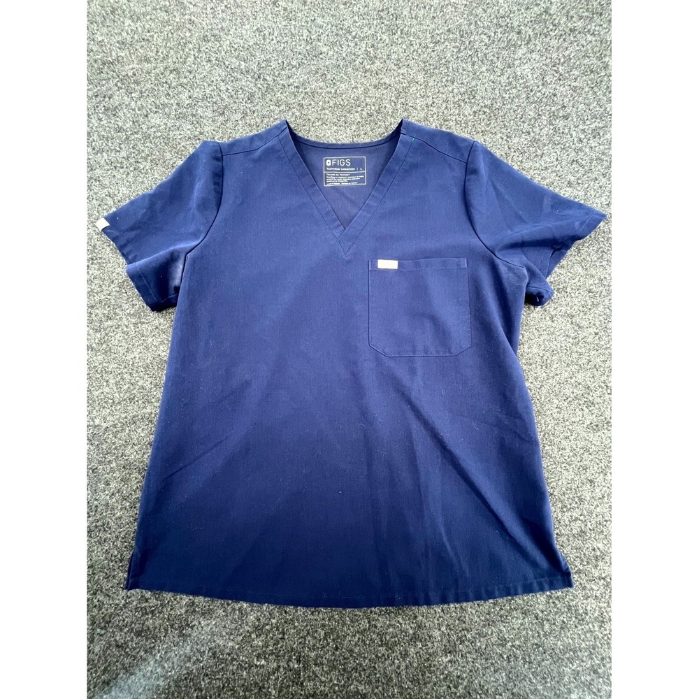 FIGS‎ Technical Collection Scrub Top Womens L Navy Blue Stretch Side Slit V-Neck